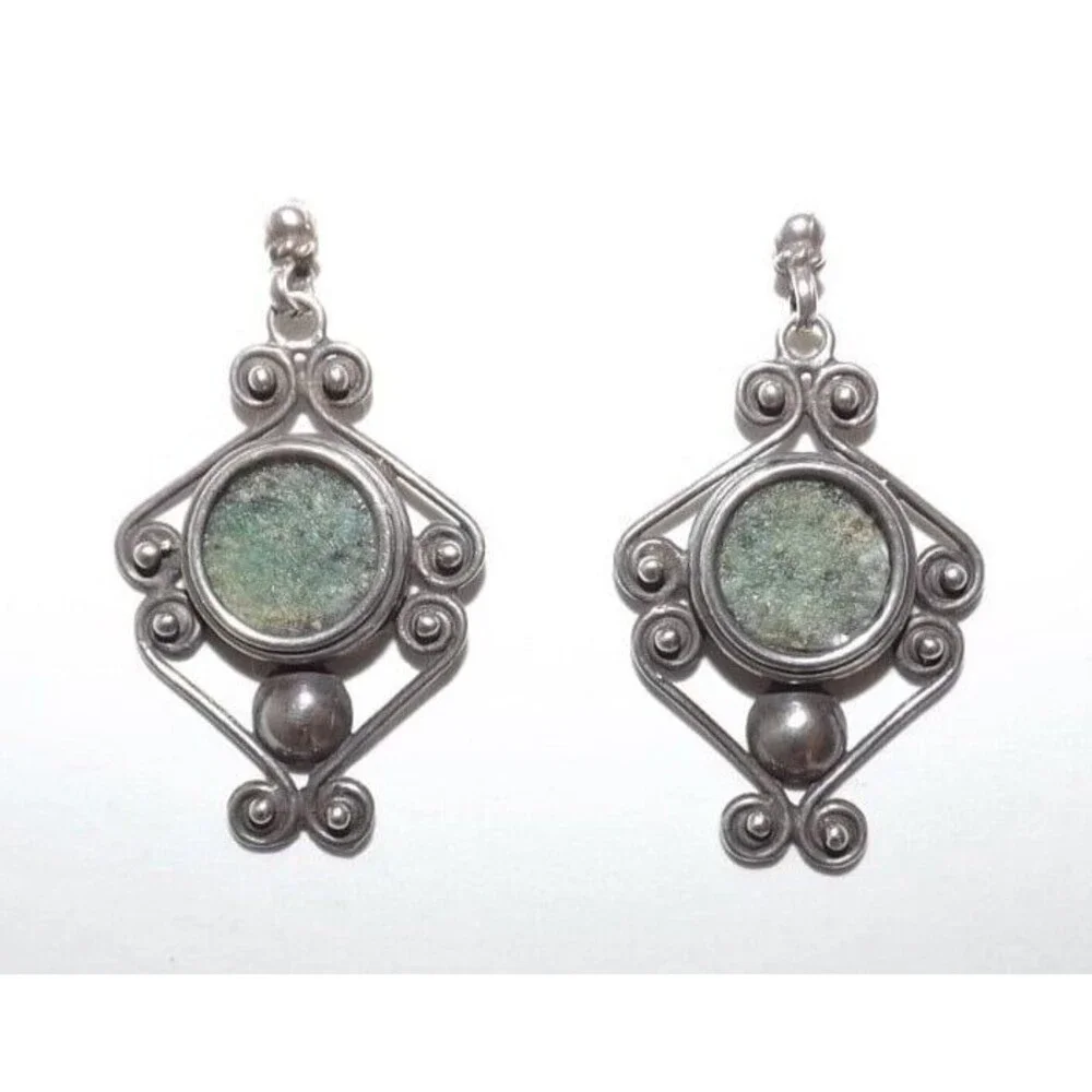 Ancient Roman Glass Vintage Sterling Silver Scroll Dangle Earrings